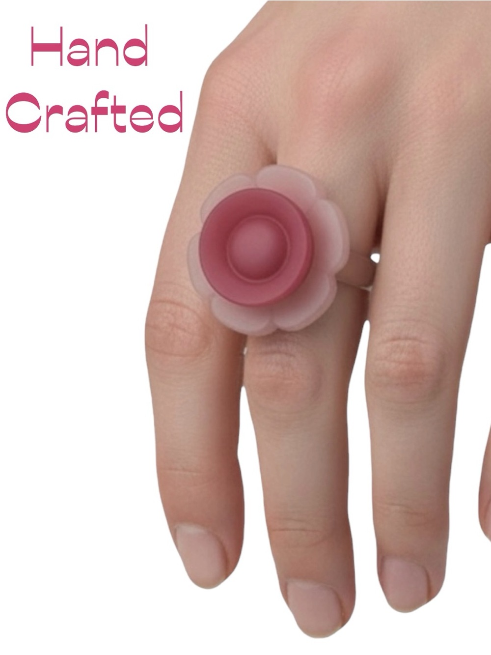 Hand Crafted Antique Button Pink Flower Resin AdjustableRing NWT OS